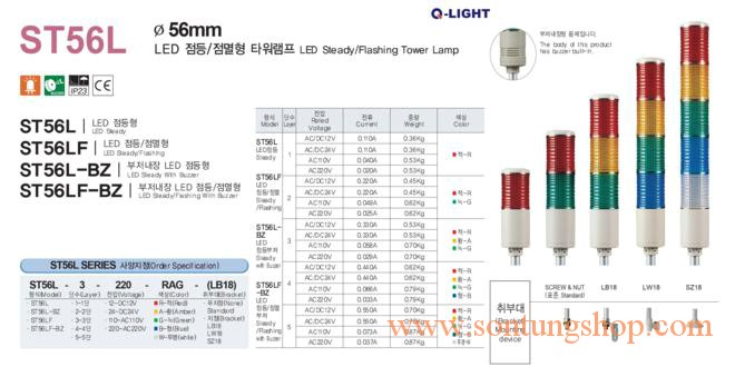 Đèn tháp cảnh báo Q-Light 1->5 tầng, bóng LED, Trụ tròn Φ56, ST56L