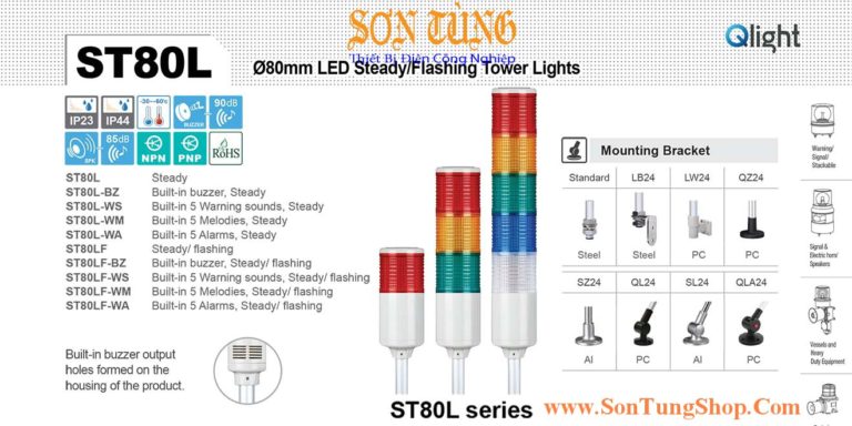 ST80L-BZ-5-220-RAGBW Đèn tháp Qlight Φ80 Bóng LED 5 tầng Còi Buzzer 90dB IP23