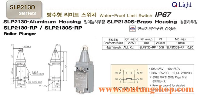 Limit switch Qlight SLP2130-RP Chống nước, dầu mỡ, ăn mòn IP67, KIMM Dạng Con Lăn Pít Tông