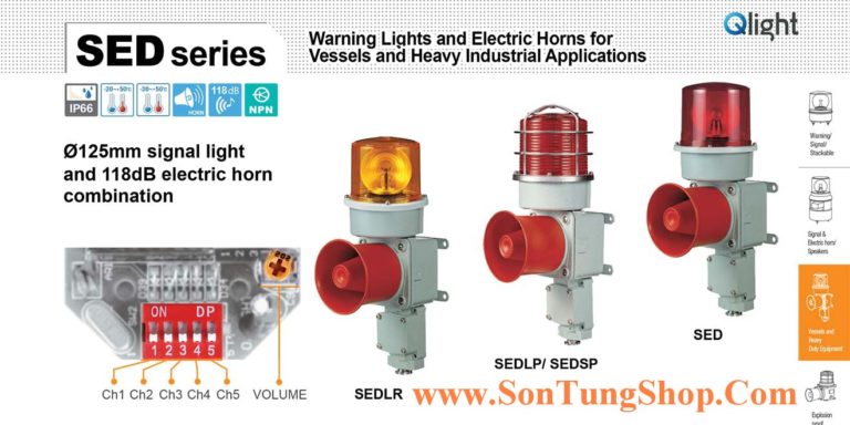 Đèn báo có loa Qlight SED, SEDL, SEDLR, SEDS, 5 Âm 118dB, Φ125, Hàng hải IP66