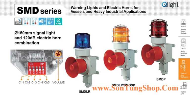 Đèn báo có loa Qlight  SMD, SMDL, SMDLR, SMDS, 5 Âm 120dB, Φ150, Hàng hải IP66
