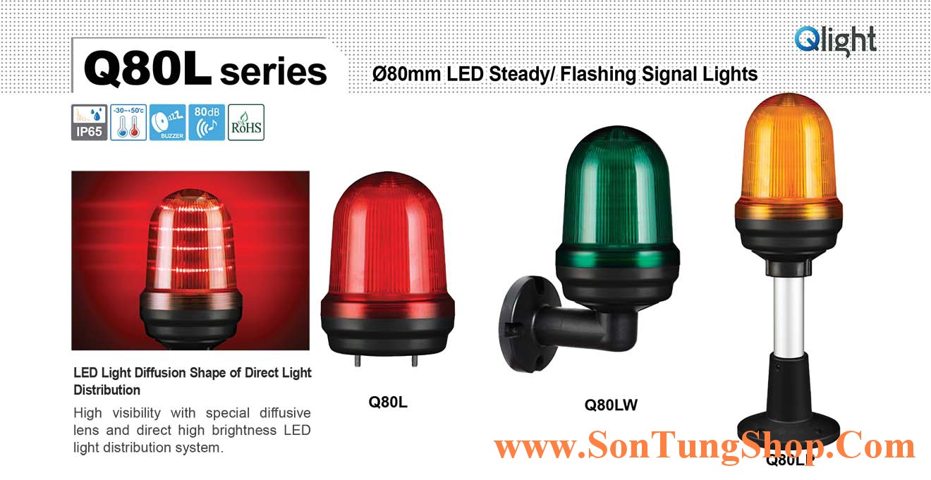 Đèn báo hiệu Qlight Q80L, Φ80, Bóng LED, Sáng liên tục/Nhấp nháy, IP65