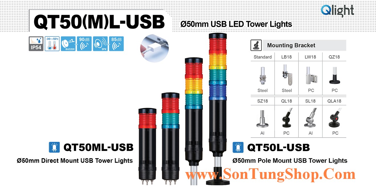 QT50ML-USB-WP-2-24-RB Đèn tầng USB Qlight Φ50 Bóng LED 2 tầng Còi 5 âm báo 85dB IP54