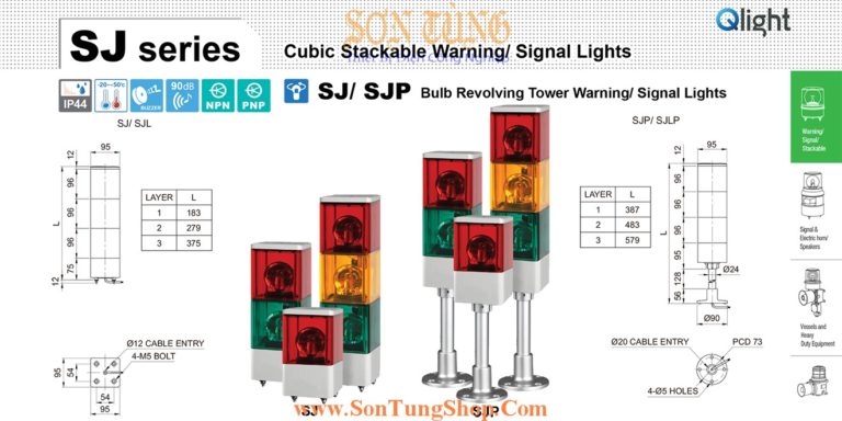 Đèn tháp cảnh báo QLight bóng Sợi đốt, Vuông 95x95mm, Quay SJ-SJP, IP44
