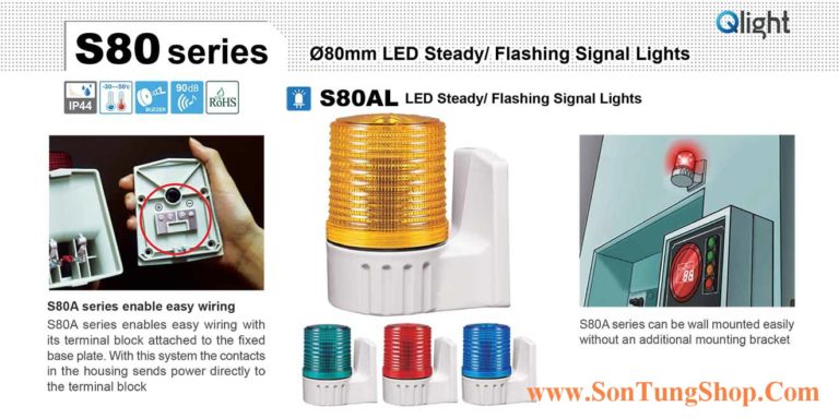 Đèn Báo Hiệu Qlight Φ80 Gắn Tường S80AL, Nhấp Nháy, Bóng LED