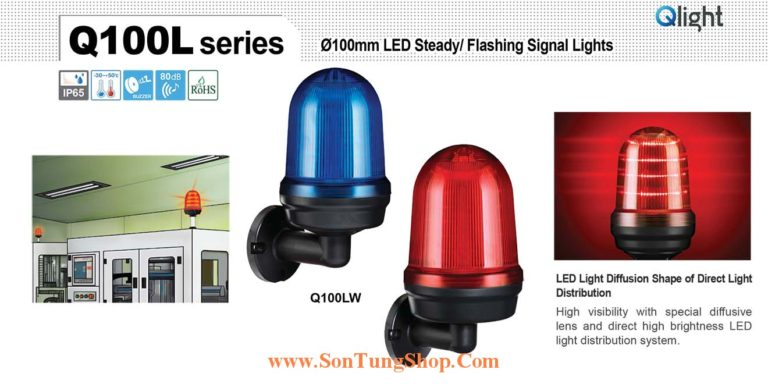 Đèn Báo Hiệu Gắn Tường Qlight Q100LW, Φ100, Bóng LED, Sáng liên tục/Nhấp nháy, IP65