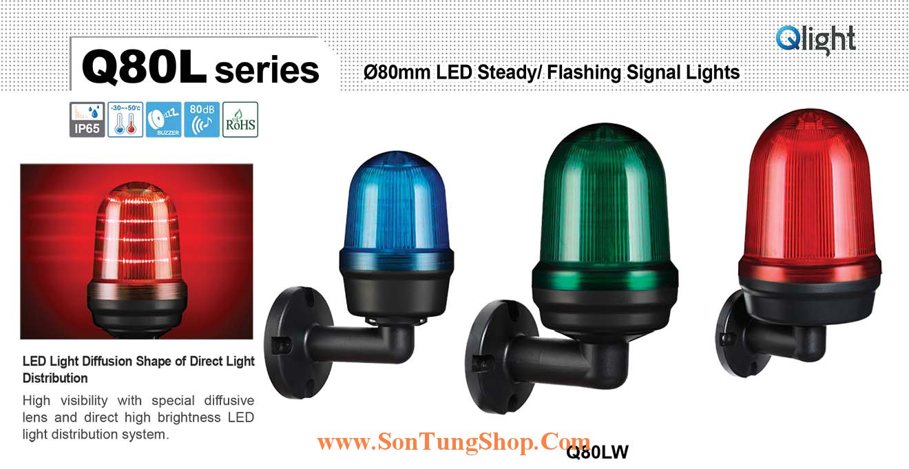 Đèn Báo Hiệu Gắn Tường Qlight Q80LW, Φ80, Bóng LED, Sáng Liên Tục/Nhấp Nháy, IP65