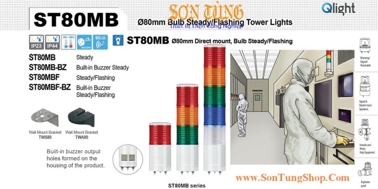 ST80MB-ST80MBF-BZ Đèn tháp cảnh báo QLight 1->5 tầng, bóng Sợi đốt, Trụ tròn Φ80, Không chân, IP23-IP44