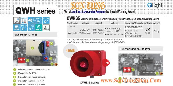 QWH35-QWH35SD Loa Còi Báo 30 Âm, Ghi Âm MP3 Qlight 115dB, IP66