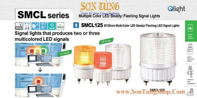 SMCL125 Đèn báo hiệu Qlight SMCL125, Φ125, Bóng LED, 2-3 Màu, Sáng liên tục/Nhấp nháy, IP44