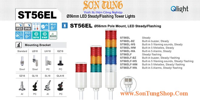 ST56EL-BZ-2-12-RG Đèn tháp báo hiệu Qlight Φ56 Bóng LED 2 tầng Còi Buzzer 90dB IP23