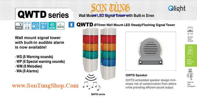 QWTDL-WM-1-220-R Đèn tháp gắn tường Qlight Φ70 Bóng LED 1 Màu 5 âm báo nhạc Melody 85dB IP54