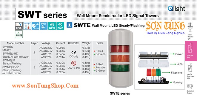 SWTEL-BZ-3-24-RAG Đèn tháp bán nguyệt gắn tường Qlight Φ90 Bóng LED 3 tầng Còi Còi Buzzer 90dB IP55