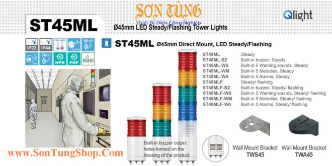 ST45MLF-WA-2-110-AG Đèn tháp Qlight Φ45 Bóng LED 2 tầng Còi 5 âm báo 85dB IP23