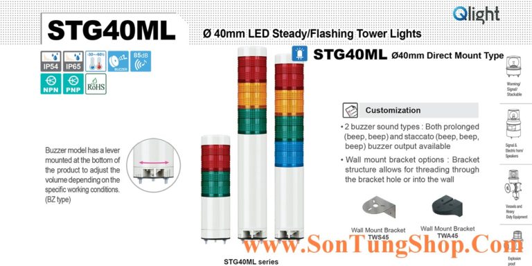 Đèn tháp Q-Light 1->5 tầng, bóng LED, Trụ tròn Φ40, STG40ML, IP65/IP54
