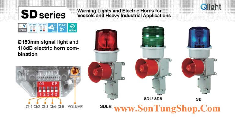 Đèn báo có loa Qlight  SD, SDL, SDLR, SDS, 5 Âm 118dB, Φ150, Hàng hải IP66