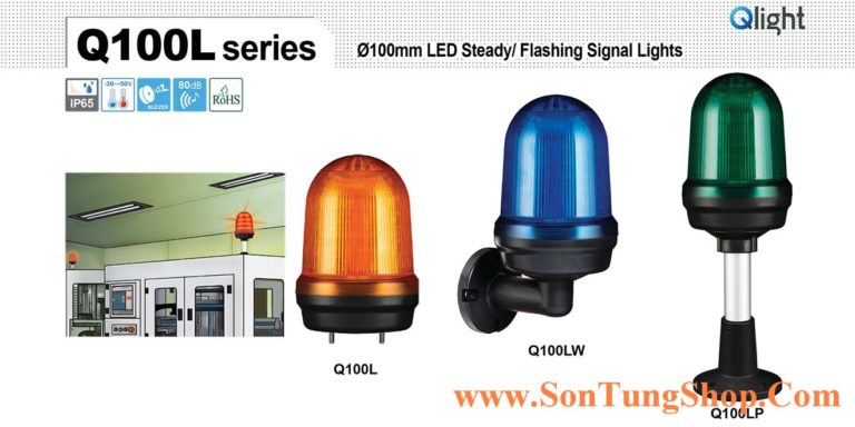 Đèn báo hiệu Qlight Q100L, Φ100, Bóng LED, Sáng liên tục/Nhấp nháy, IP65