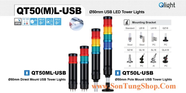 QT50L-USB-WP-3-220-RAW-LW18 Đèn tháp USB Qlight Φ50 Bóng LED 3 tầng Còi 5 âm báo 85dB IP54