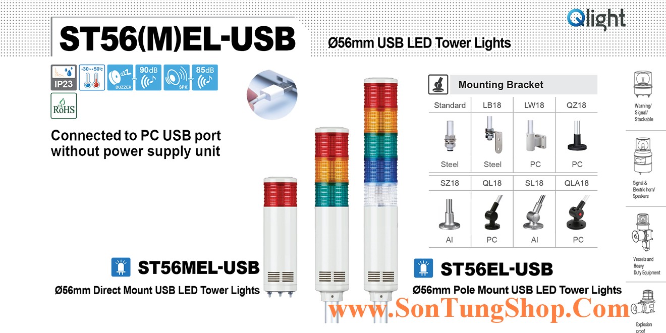 ST56MEL-USB-BZ-1-12-R Đèn tháp USB Qlight Φ56 Bóng LED 1 tầng Còi 5 âm Buzzer 90dB IP23