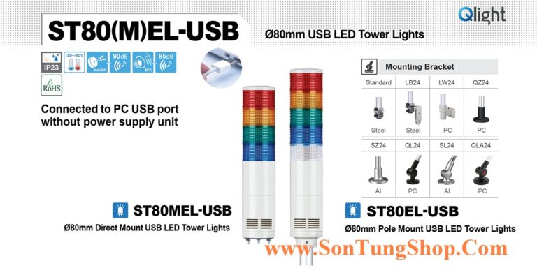ST80EL-USB-BZ-2–RG Đèn tầng USB Qlight Φ80 Bóng LED 2 tầng Còi 5 âm Buzzer 90dB IP44