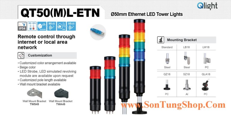 QT50ML-ETN-BZ-5-12-RAGBW Đèn tháp Ethernet Qlight Φ50 Bóng LED 5 tầng Còi 5 âm Buzzer 90dB IP54