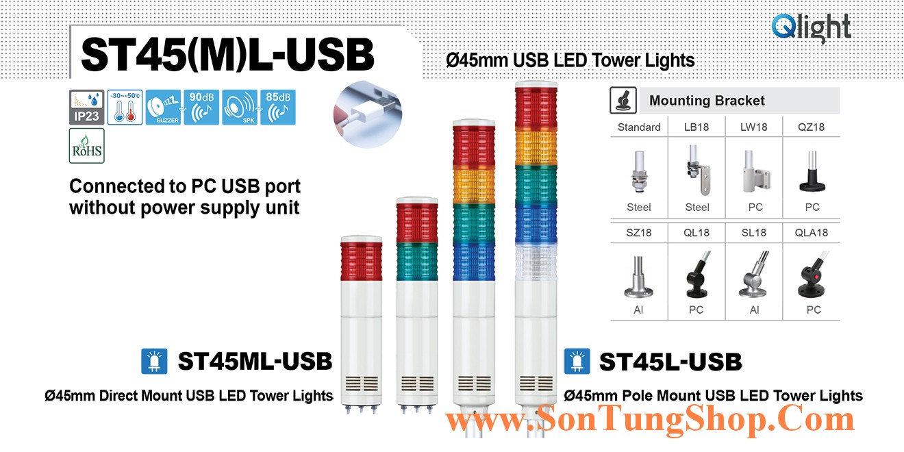 ST45L-USB-BZ-5-24-RAGBW Đèn tầng USB Qlight Φ45 Bóng LED 5 tầng Còi 5 âm Buzzer 90dB IP23