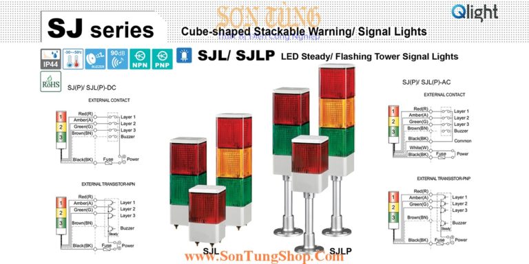 SJLP-2-110-RG Đèn báo hiệu 2 tầng Qlight  Vuông 95mm Bóng LED 110VAC IP44