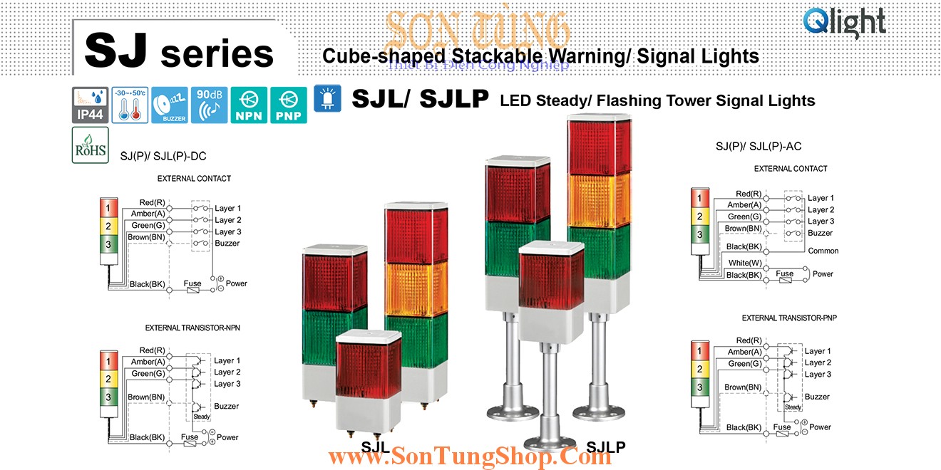 SJLP-3-220-RAG Đèn báo hiệu 3 tầng Qlight  Vuông 95mm Bóng LED 220VAC IP44