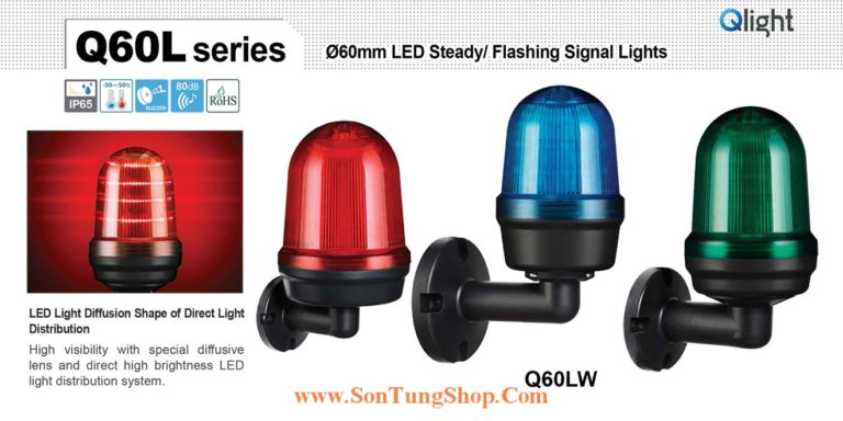 Đèn Báo Hiệu Gắn Tường Qlight Q60LW, Φ60, Bóng LED, Sáng Liên Tục/Nhấp Nháy, IP65