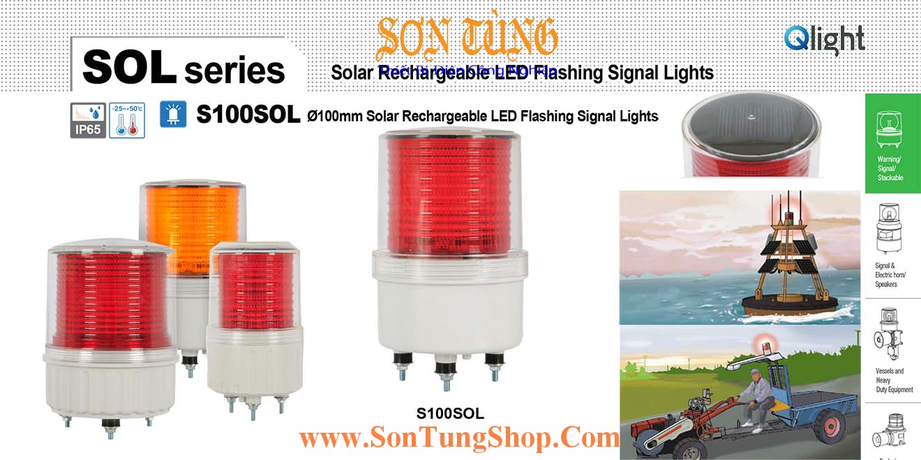 S100SOL IP65 Đèn Báo Không, Báo Hiệu Đường Thủy QLight Φ100, Năng Lượng Mặt Trời, 40h