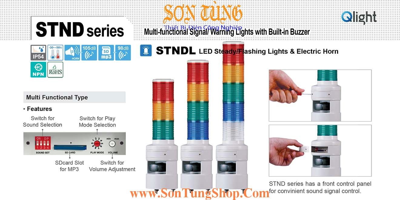 STNDLF-1-220-R Đèn tháp 30 kênh ghi âm MP3 Qlight Φ80 Bóng LED 1 tầng, Nhấp nháy IP54