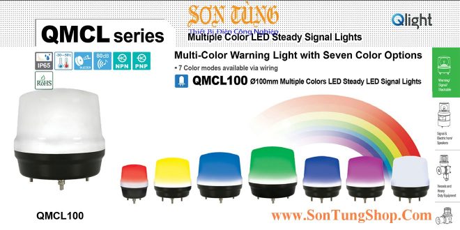 QMCL100 Đèn báo hiệu 7 màu Qlight, Φ100, Bóng LED, Sáng liên tục, Còi Buzzer 80dB, IP65