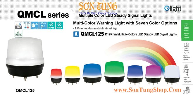 QMCL125 Đèn báo hiệu 7 màu Qlight, Φ125, Bóng LED, Sáng liên tục, Còi Buzzer 80dB, IP65