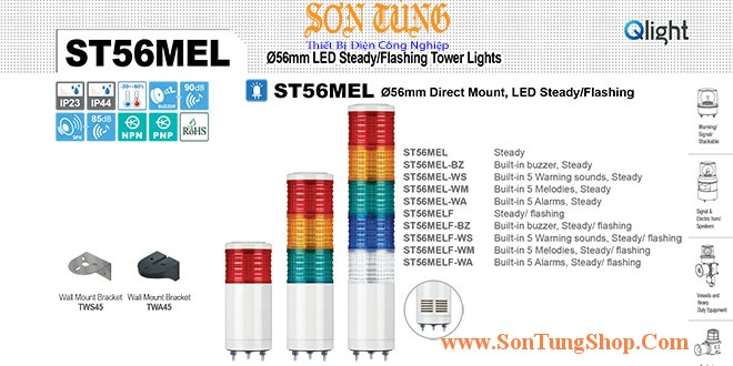 ST56MEL-WM-4-110-RAGB Đèn tháp Qlight Φ56 Bóng LED 4 tầng Còi 5 âm báo 85dB IP23