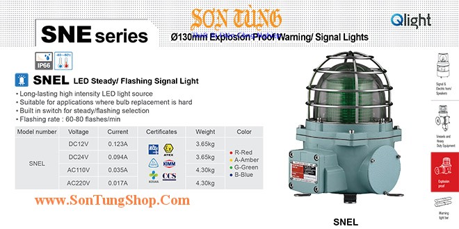 SNEL-12-G Đèn cảnh báo phòng nổ Qlight Φ152 Bóng LED Nhấp nháy IP66, IECEx, ATEX, NEPSI, KIMM