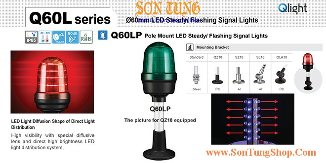Q60LP-12/24-G-QZ18 Đèn báo hiệu Qlight Φ60 Bóng LED 12VDC~24VDC IP65