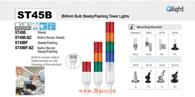 ST45B-WM-3-12-RGB-QZ18 Đèn tháp Qlight Φ45 Bóng Sợi đốt 3 tầng Còi 5 âm báo 85dB IP23